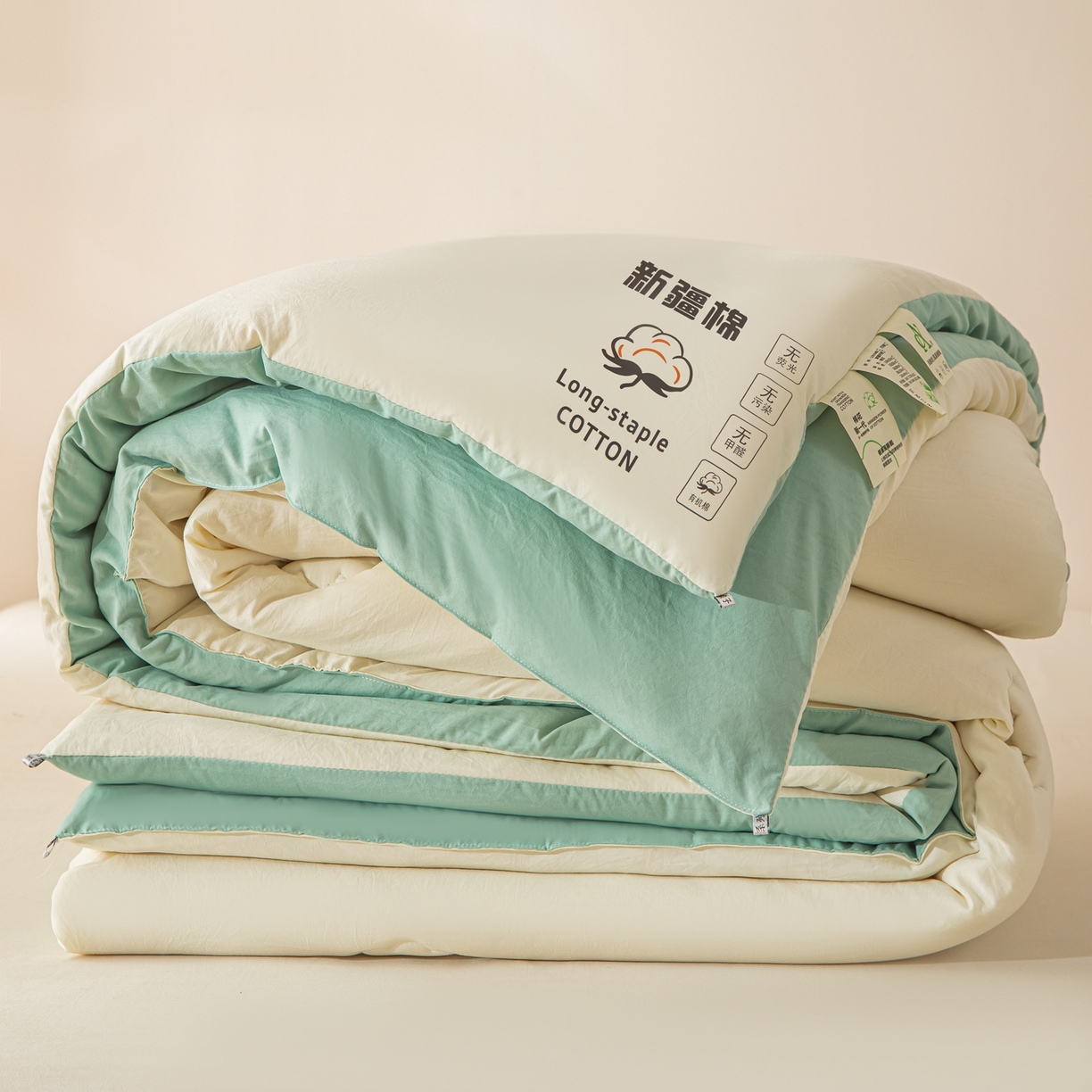 91家纺网 家纺一手货源 找家纺 圣尔雅家纺 2025新款A类水洗棉新疆棉花被无印风冬被加厚保暖被子被芯四季通用被子 白拼绿