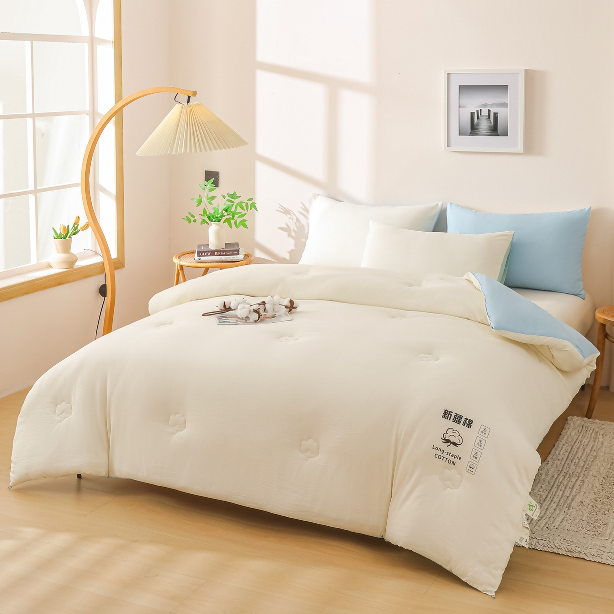 91家纺网 家纺一手货源 找家纺 圣尔雅家纺 2025新款A类水洗棉新疆棉花被无印风冬被加厚保暖被子被芯四季通用被子 白拼蓝