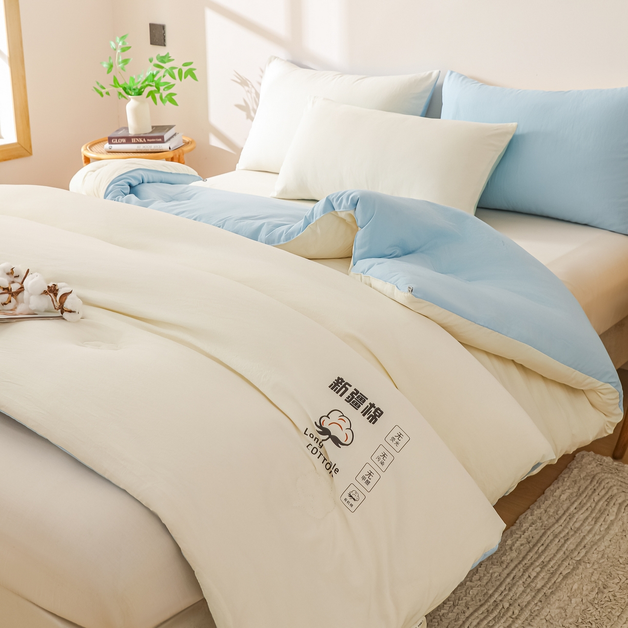 91家纺网 家纺一手货源 找家纺 圣尔雅家纺 2025新款A类水洗棉新疆棉花被无印风冬被加厚保暖被子被芯四季通用被子 白拼蓝