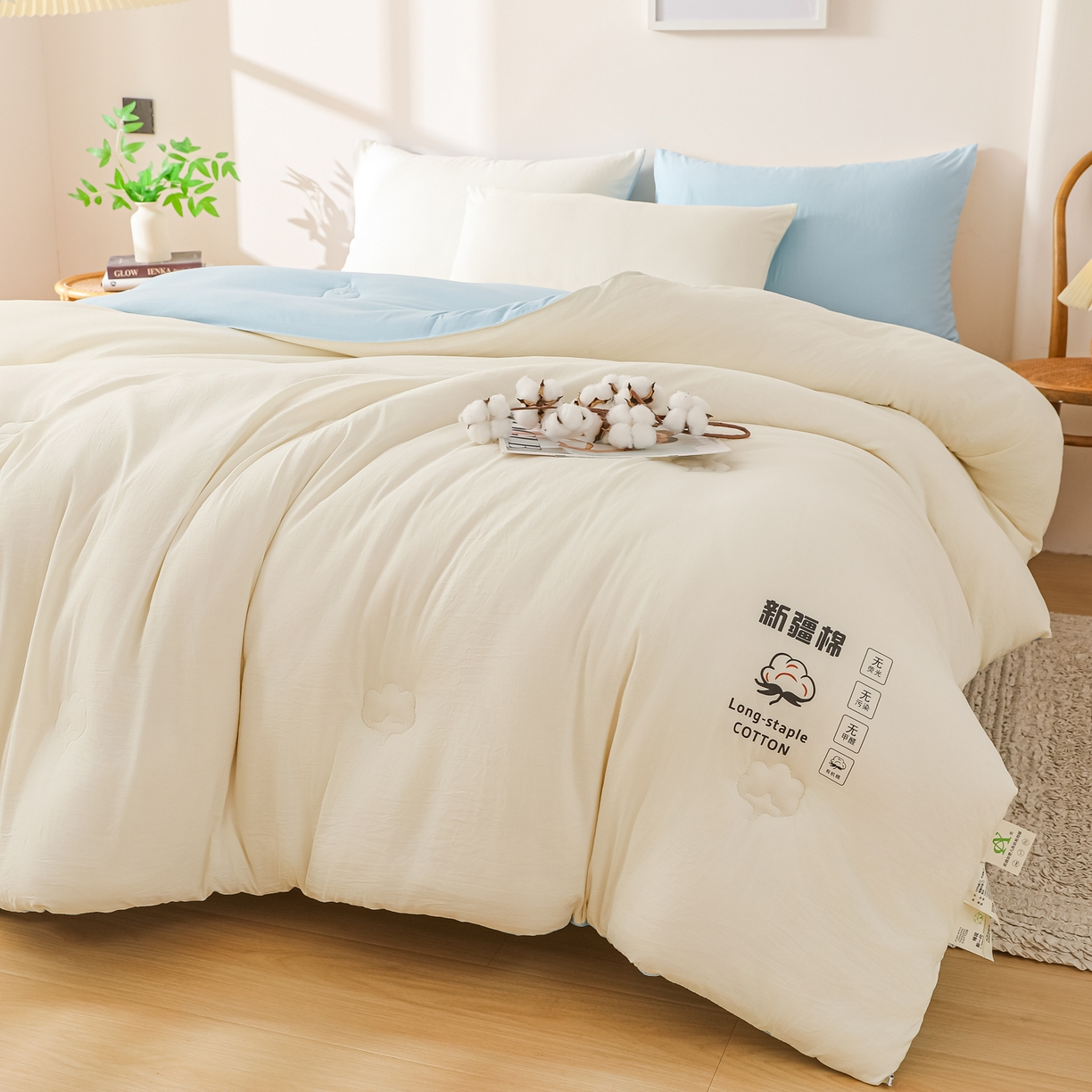 91家纺网 家纺一手货源 找家纺 圣尔雅家纺 2025新款A类水洗棉新疆棉花被无印风冬被加厚保暖被子被芯四季通用被子 白拼蓝