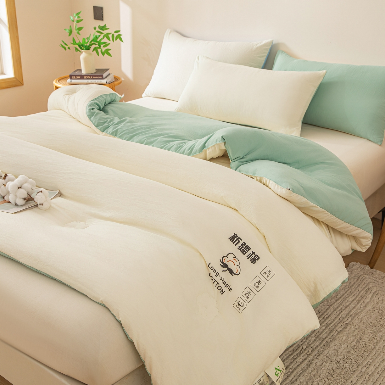 91家纺网 家纺一手货源 找家纺 圣尔雅家纺 2025新款A类水洗棉新疆棉花被无印风冬被加厚保暖被子被芯四季通用被子 白拼绿