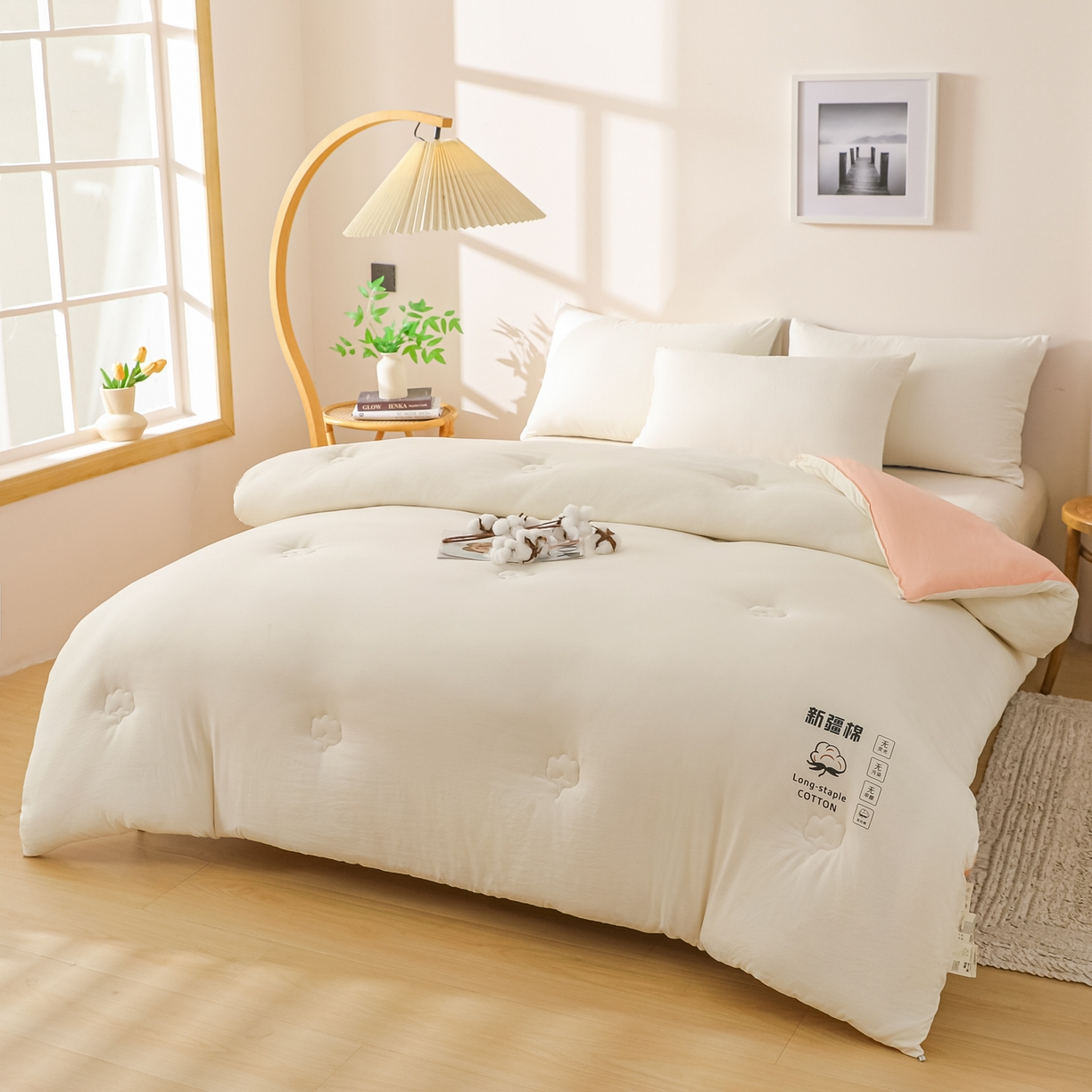 91家纺网 家纺一手货源 找家纺 圣尔雅家纺 2025新款A类水洗棉新疆棉花被无印风冬被加厚保暖被子被芯四季通用被子 白拼粉