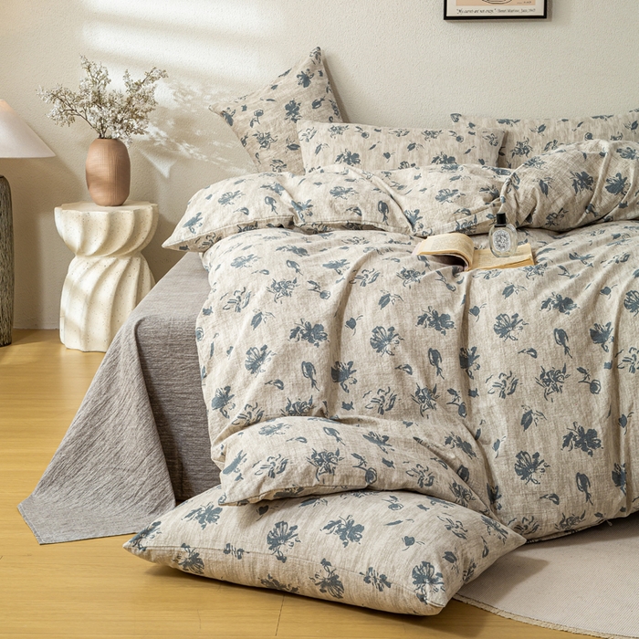 91家纺网 家纺一手货源 找家纺 漫仙阁家纺 2025新款加厚高克重原麻复古风印花四件套 绽放