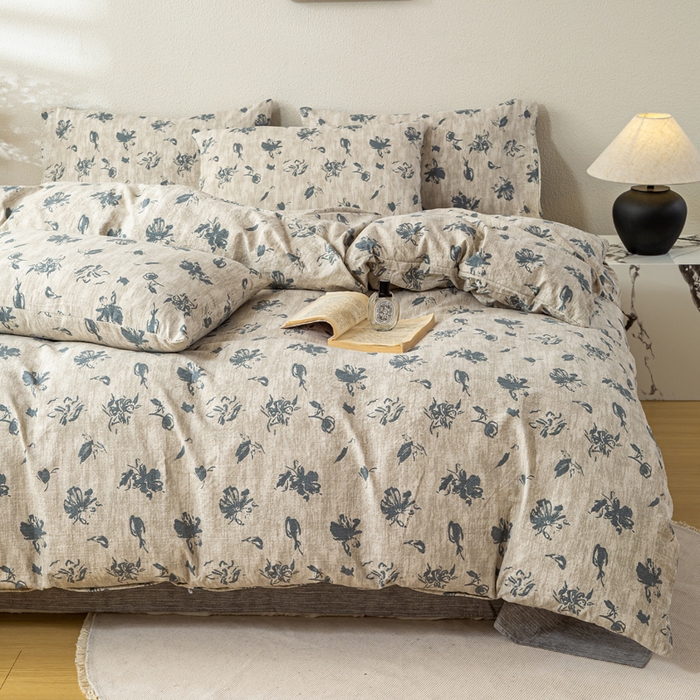 91家纺网 家纺一手货源 找家纺 漫仙阁家纺 2025新款加厚高克重原麻复古风印花四件套 绽放