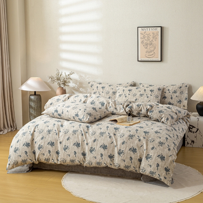 91家纺网 家纺一手货源 找家纺 漫仙阁家纺 2025新款加厚高克重原麻复古风印花四件套 绽放