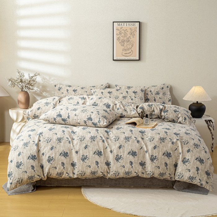 91家纺网 家纺一手货源 找家纺 漫仙阁家纺 2025新款加厚高克重原麻复古风印花四件套 绽放