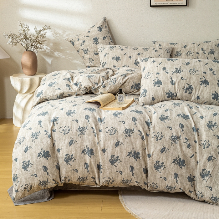 91家纺网 家纺一手货源 找家纺 漫仙阁家纺 2025新款加厚高克重原麻复古风印花四件套 绽放