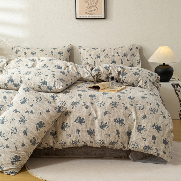 91家纺网 家纺一手货源 找家纺 漫仙阁家纺 2025新款加厚高克重原麻复古风印花四件套 绽放