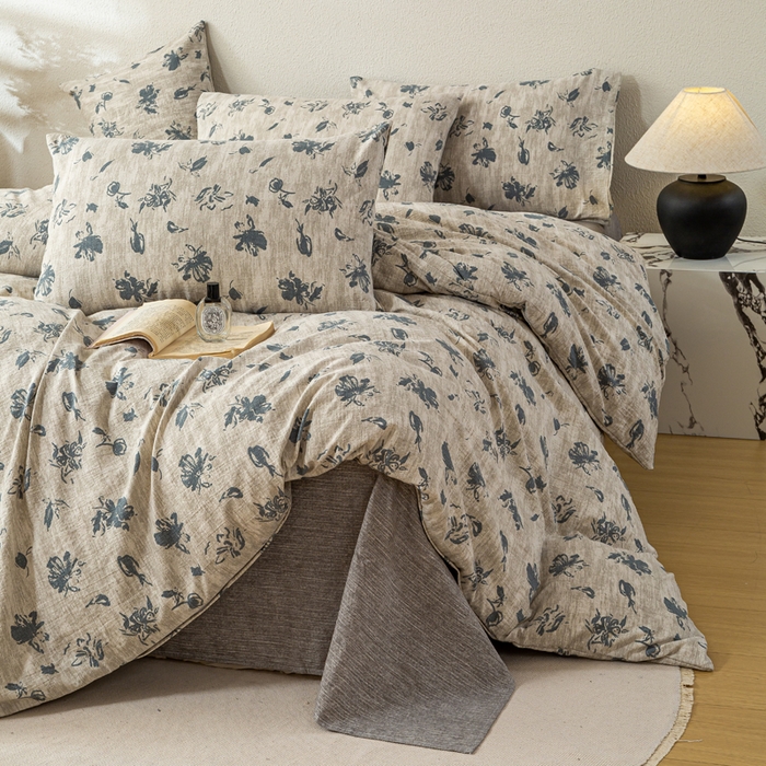 91家纺网 家纺一手货源 找家纺 漫仙阁家纺 2025新款加厚高克重原麻复古风印花四件套 绽放