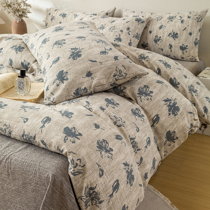 91家纺网 家纺一手货源 找家纺 漫仙阁家纺 2025新款加厚高克重原麻复古风印花四件套 绽放