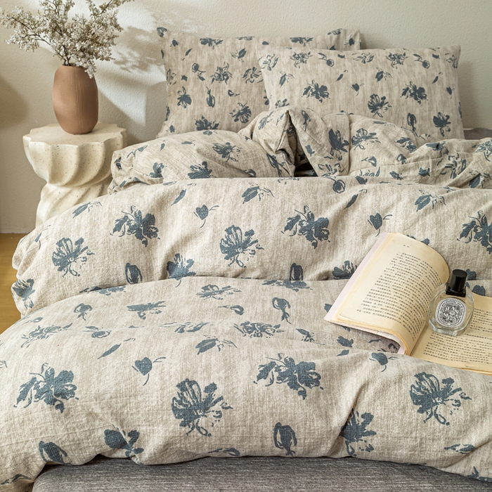 91家纺网 家纺一手货源 找家纺 漫仙阁家纺 2025新款加厚高克重原麻复古风印花四件套 绽放