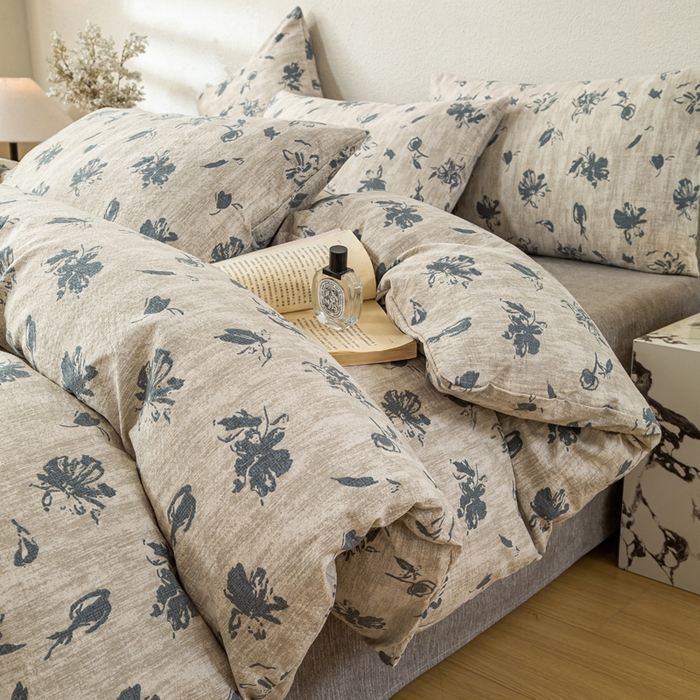 91家纺网 家纺一手货源 找家纺 漫仙阁家纺 2025新款加厚高克重原麻复古风印花四件套 绽放