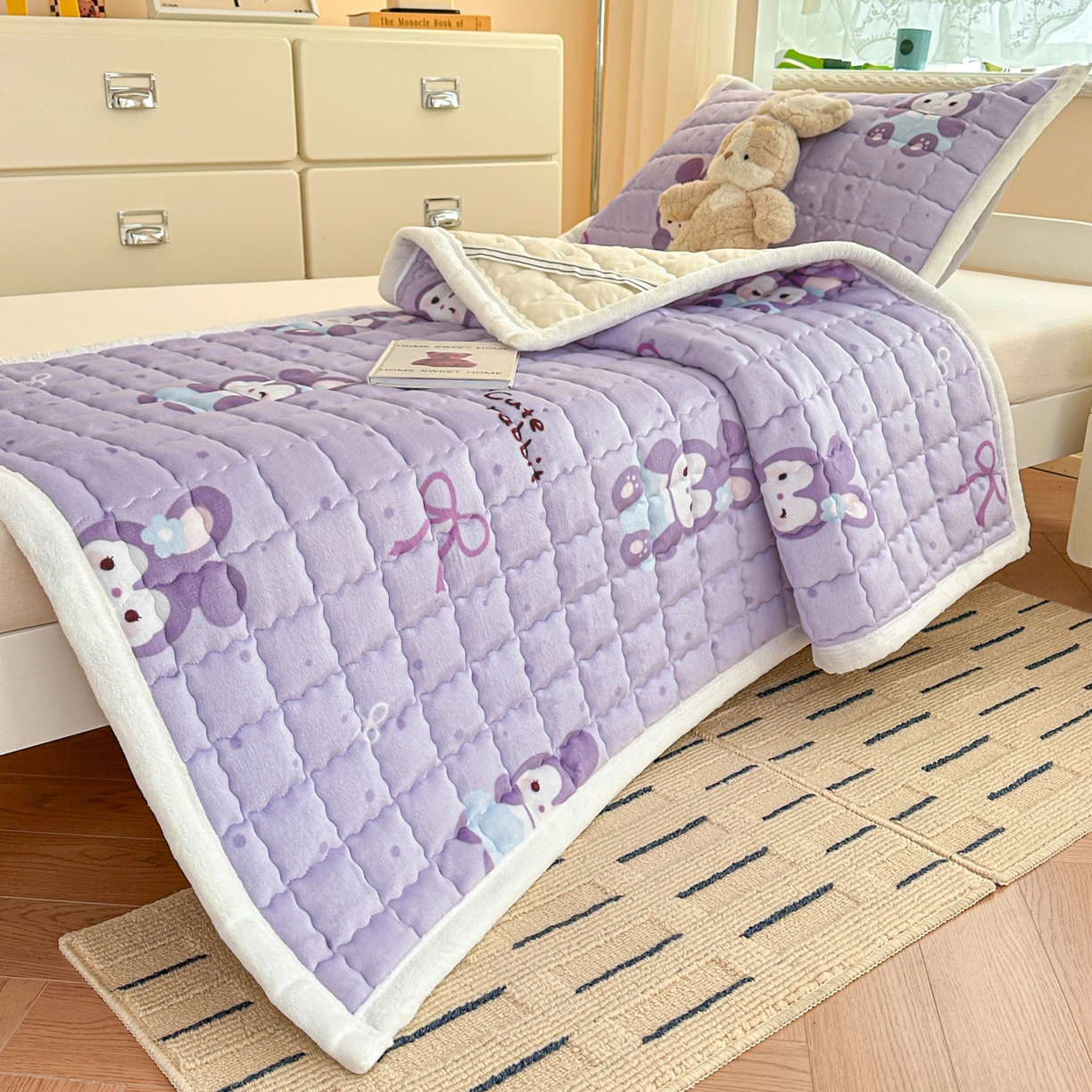 91家纺网 家纺一手货源 找家纺 川悦生活 2025新款A类印花牛奶绒床垫加厚绒保暖床床褥 床垫香芋奶茶