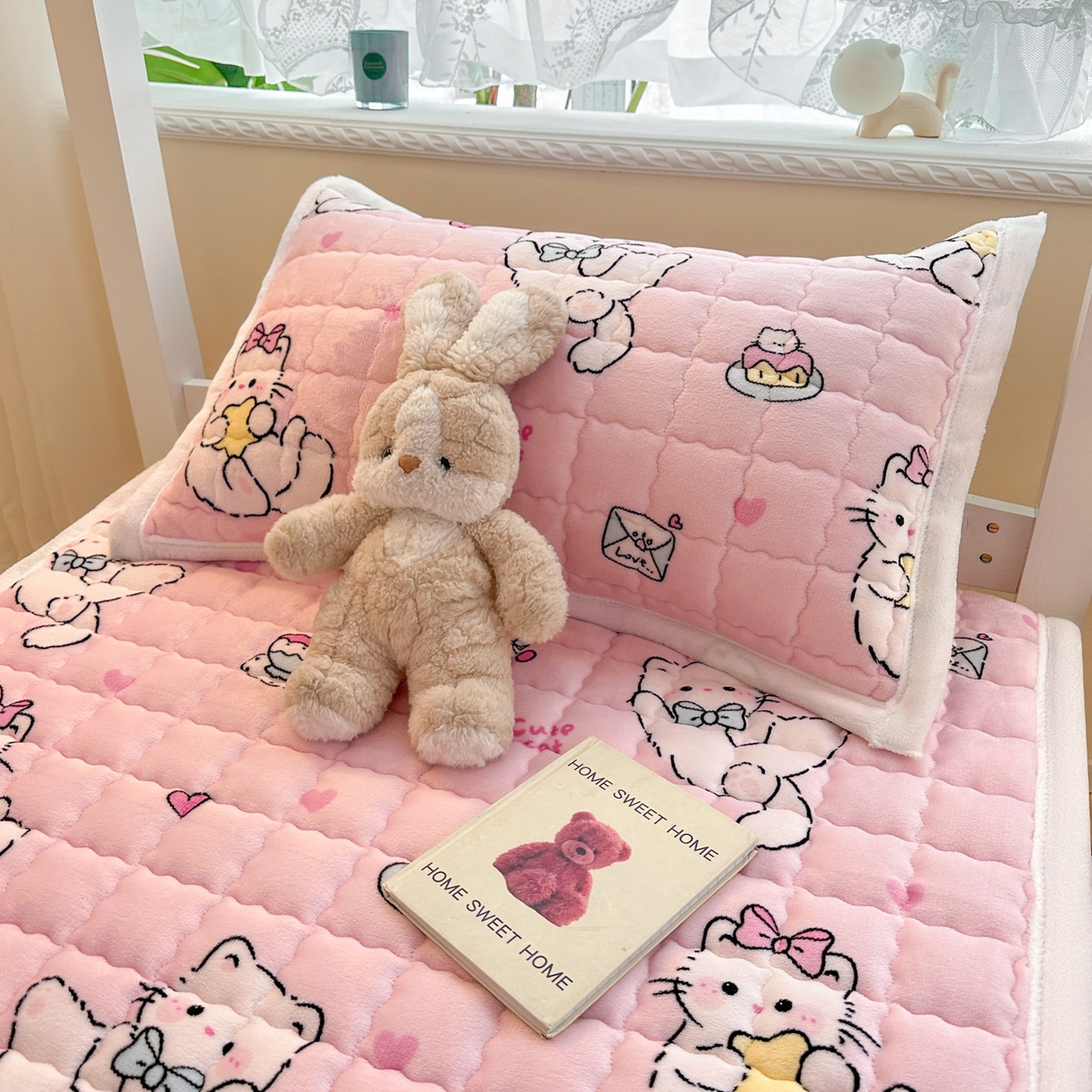 91家纺网 家纺一手货源 找家纺 川悦生活 2025新款A类印花牛奶绒床垫加厚绒保暖床床褥 床垫星心小猫