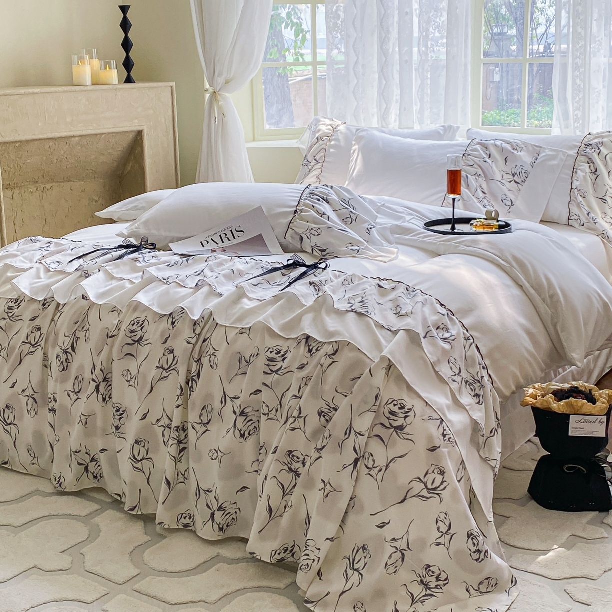 91家纺网 家纺一手货源 找家纺 庭笙 2025新款法式复古公主风花边四件套 水墨玫瑰