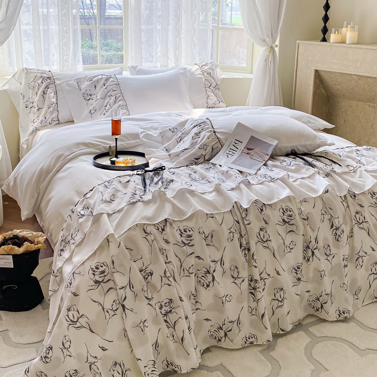 91家纺网 家纺一手货源 找家纺 庭笙 2025新款法式复古公主风花边四件套 水墨玫瑰