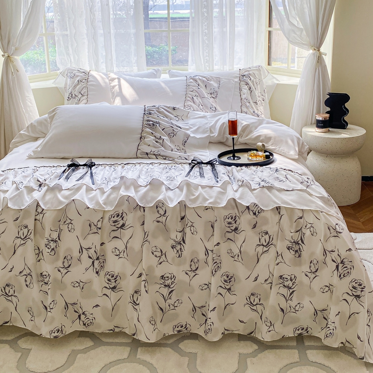 庭笙 2025新款法式复古公主风花边四件套 水墨玫瑰