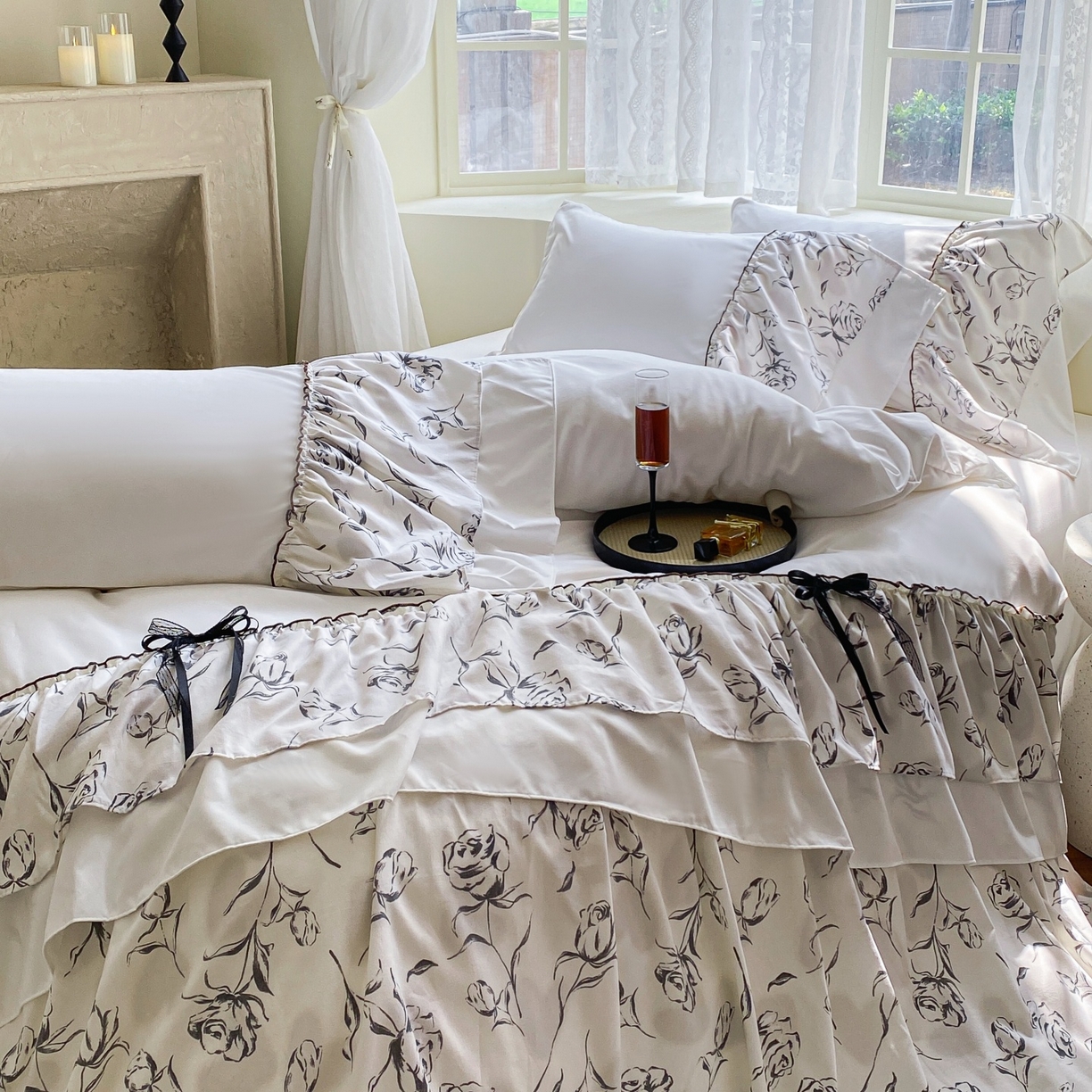 91家纺网 家纺一手货源 找家纺 庭笙 2025新款法式复古公主风花边四件套 水墨玫瑰