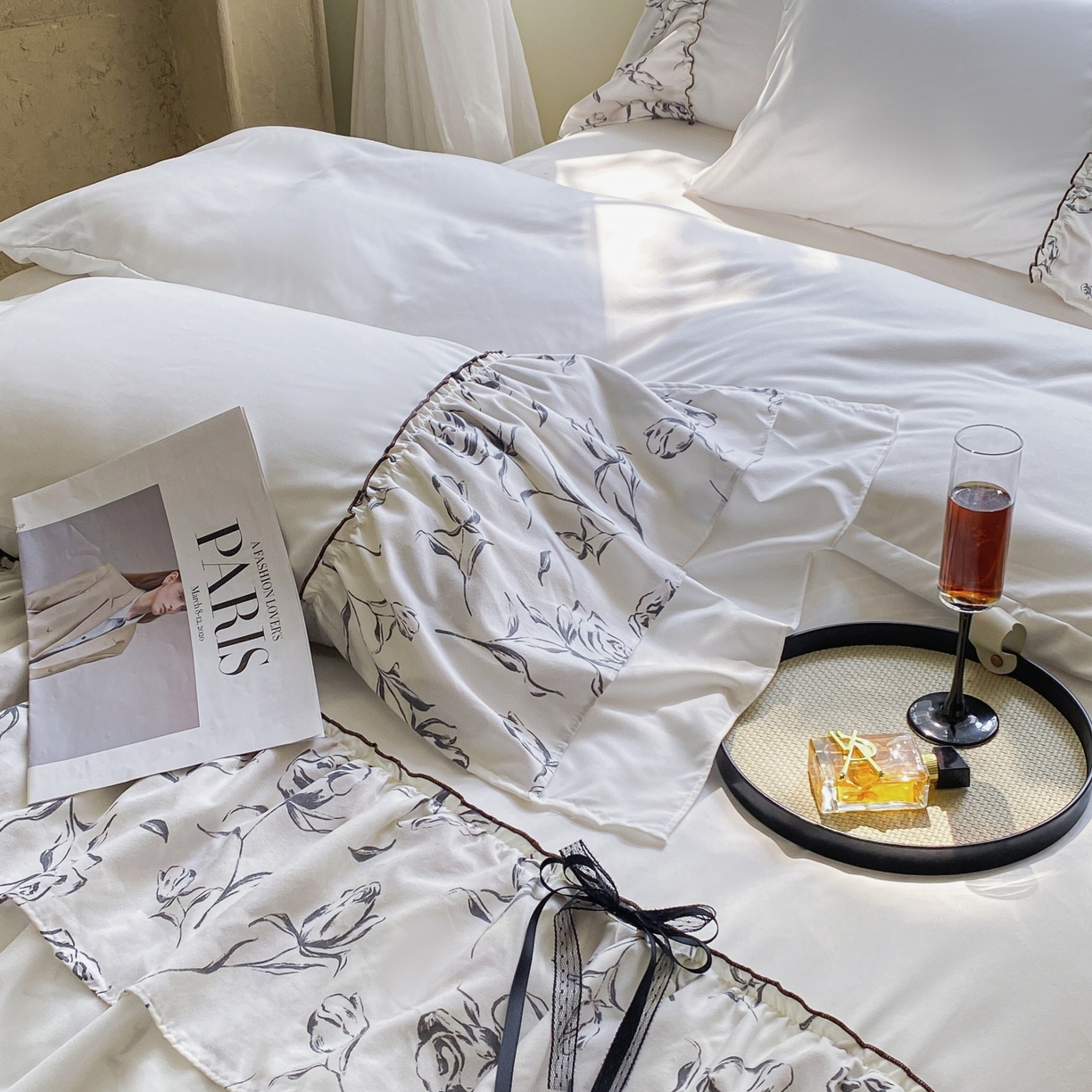 91家纺网 家纺一手货源 找家纺 庭笙 2025新款法式复古公主风花边四件套 水墨玫瑰