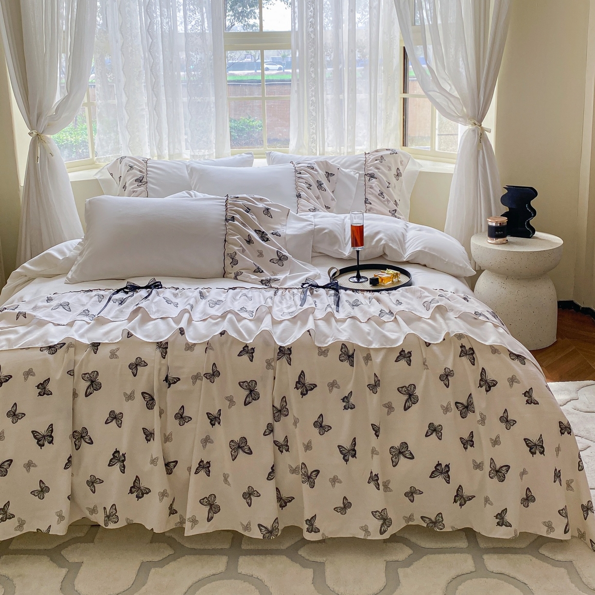 91家纺网 家纺一手货源 找家纺 庭笙 2025新款法式复古公主风花边四件套 翩翩蝶舞