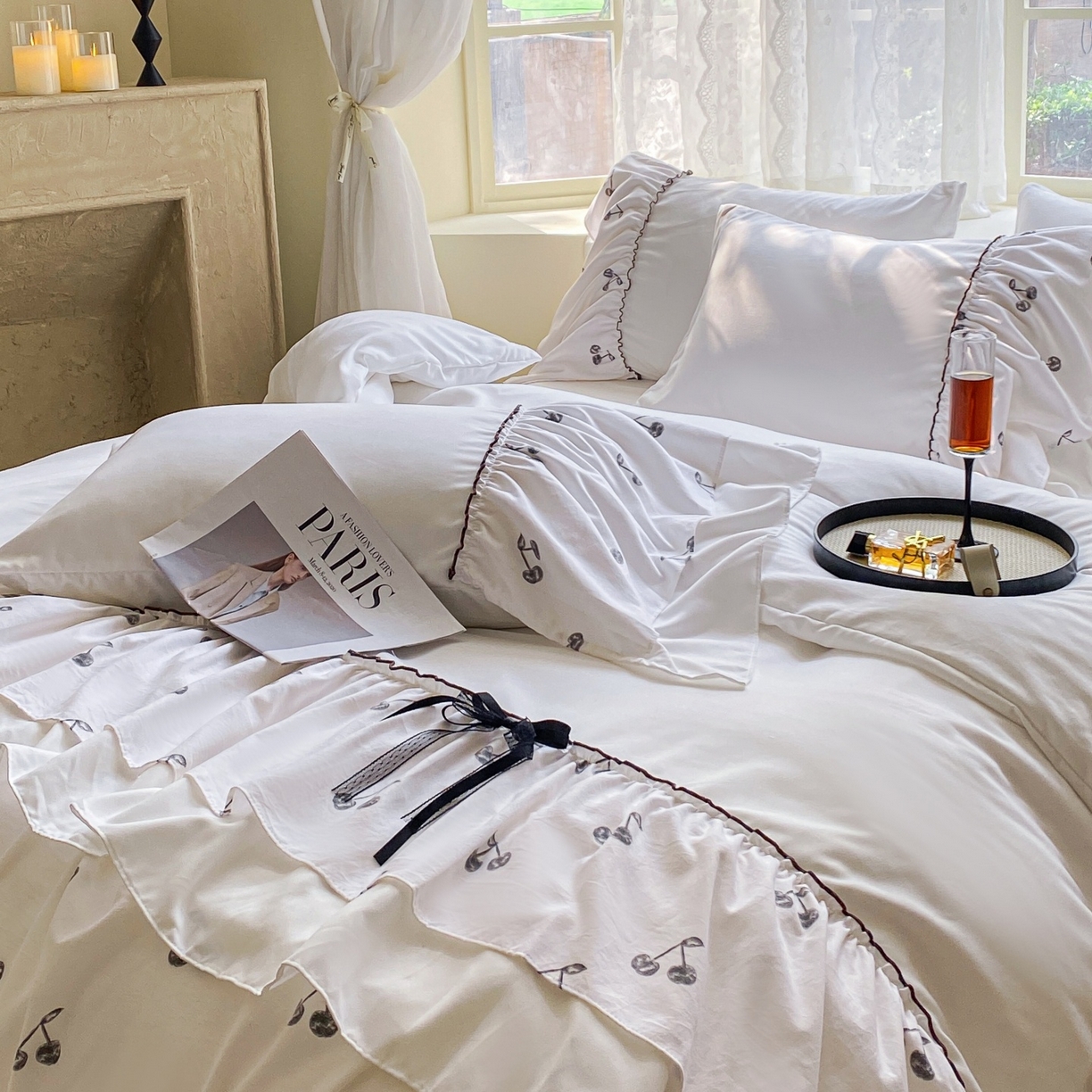 91家纺网 家纺一手货源 找家纺 庭笙 2025新款法式复古公主风花边四件套 复古樱桃