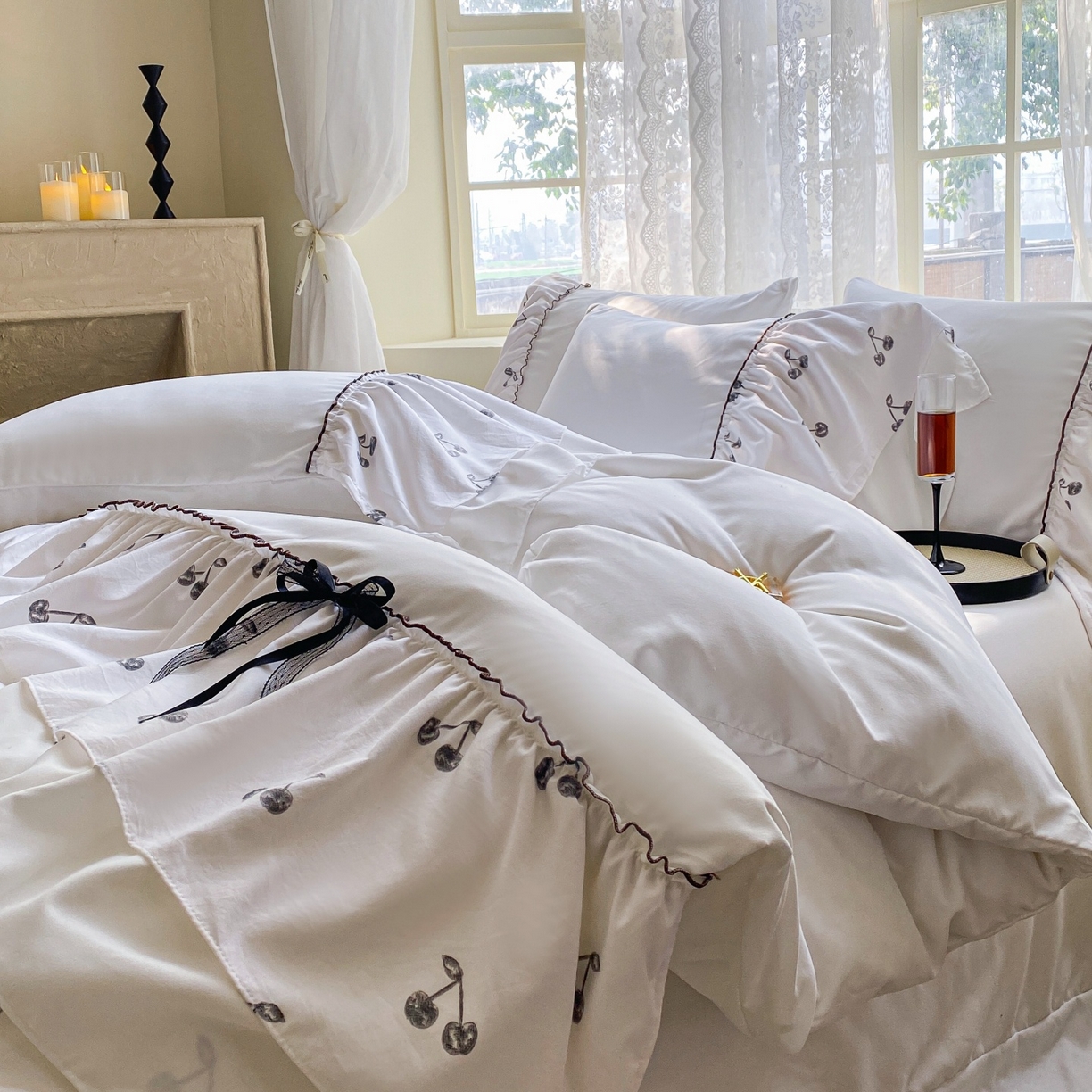 91家纺网 家纺一手货源 找家纺 庭笙 2025新款法式复古公主风花边四件套 复古樱桃