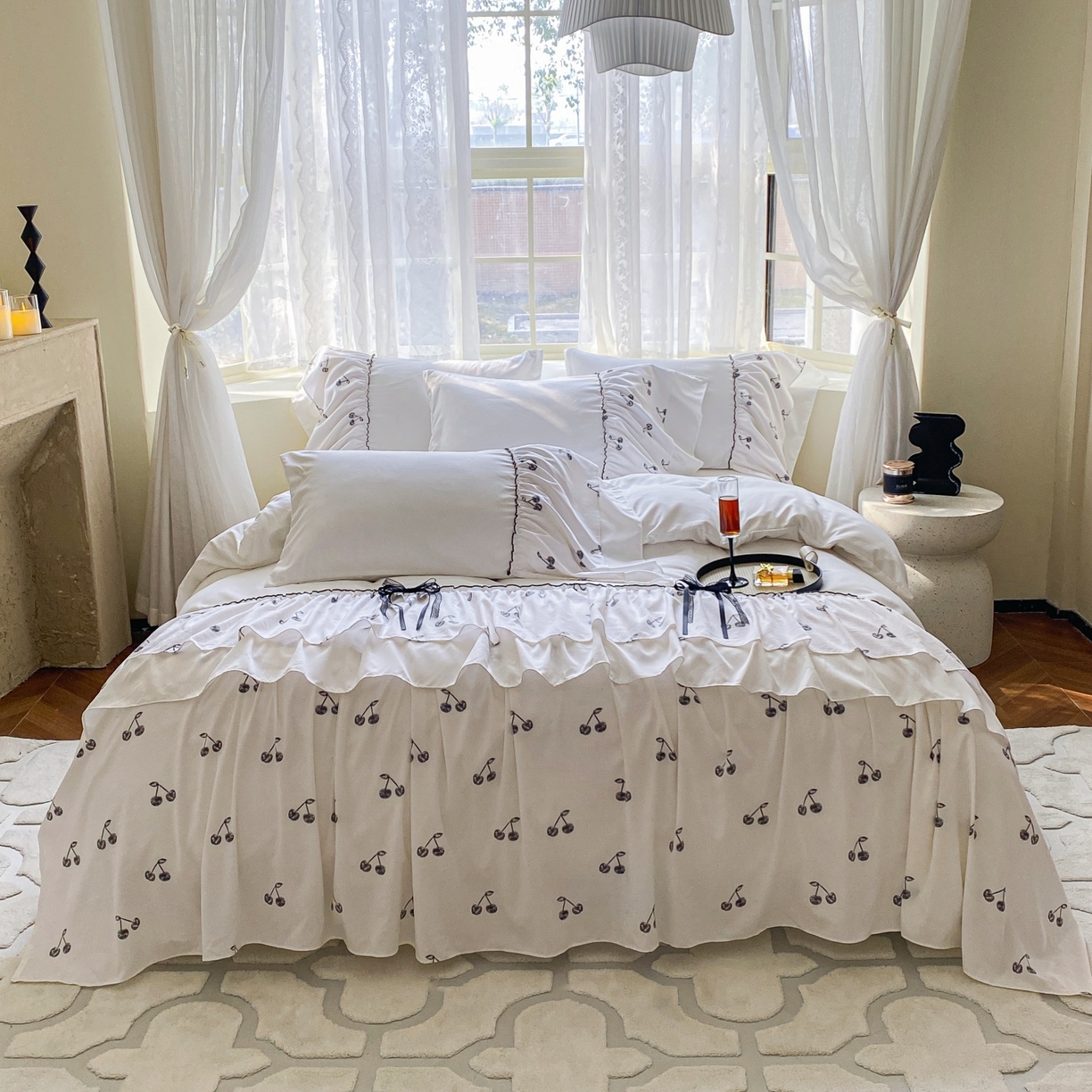 庭笙 2025新款法式复古公主风花边四件套 复古樱桃