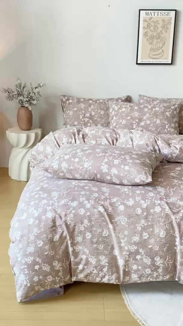 91家纺网 家纺一手货源 找家纺 漫仙阁家纺 2025新款加厚高克重原麻复古风印花四件套 粉黛