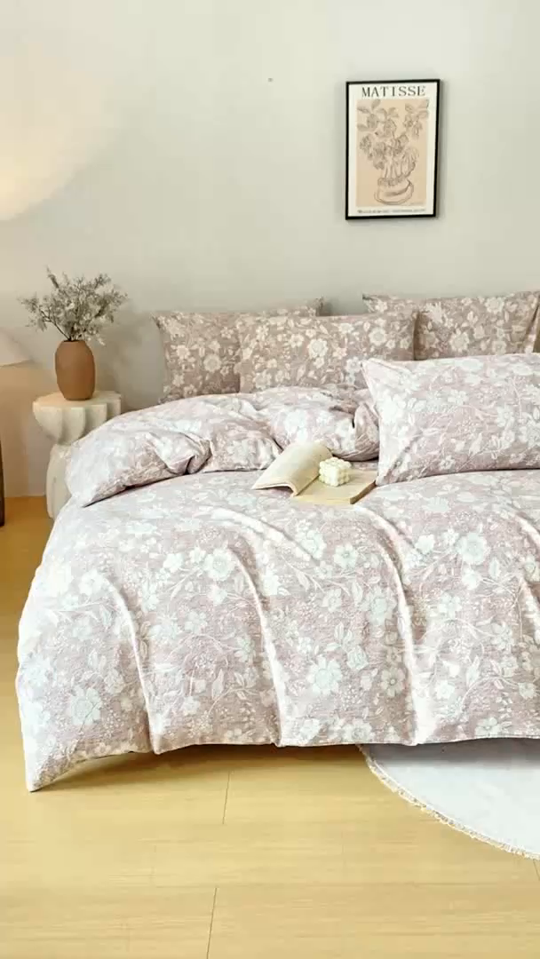 91家纺网 家纺一手货源 找家纺 漫仙阁家纺 2025新款加厚高克重原麻复古风印花四件套 花蕾-咖