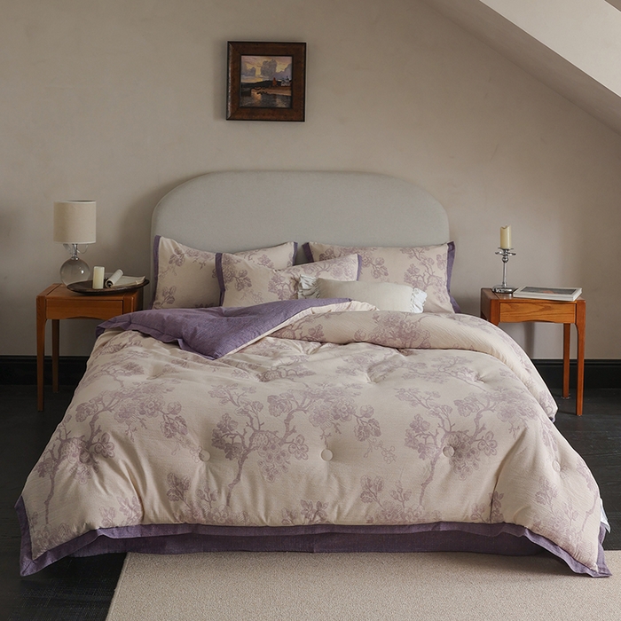 91家纺网 家纺一手货源 找家纺 玛德琳 2025新款原麻皱皱纱懒人抗菌冬被被子被芯 露西-紫