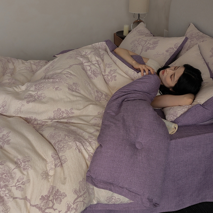 91家纺网 家纺一手货源 找家纺 玛德琳 2025新款原麻皱皱纱懒人抗菌冬被被子被芯 露西-紫