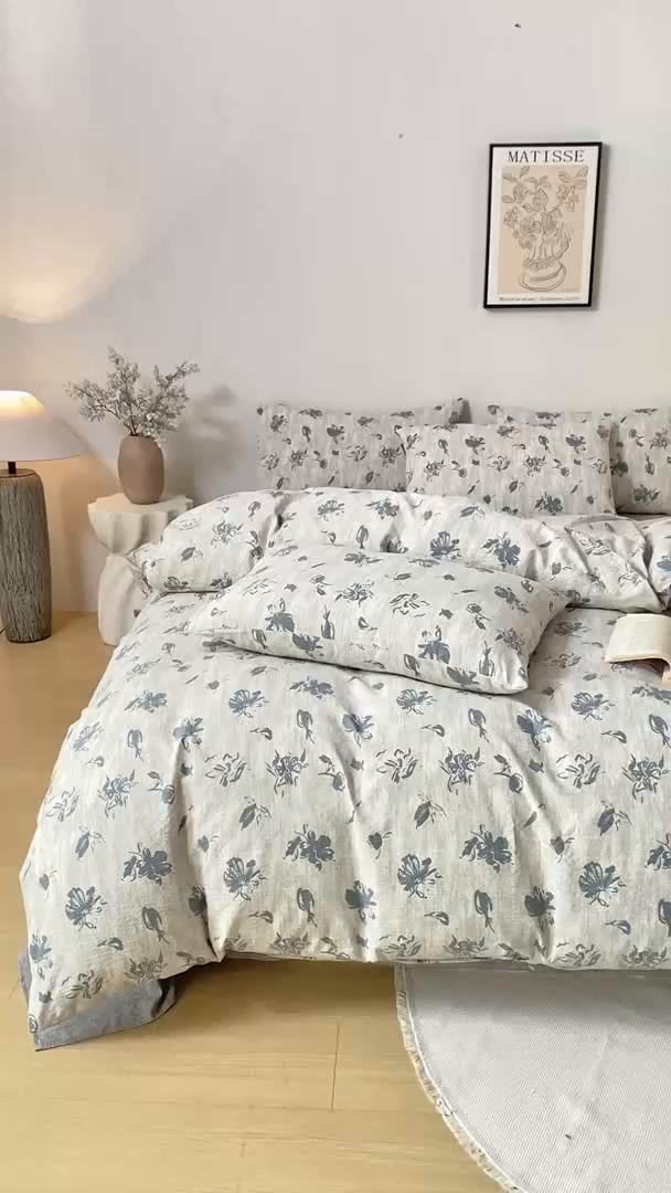 91家纺网 家纺一手货源 找家纺 漫仙阁家纺 2025新款加厚高克重原麻复古风印花四件套 绽放