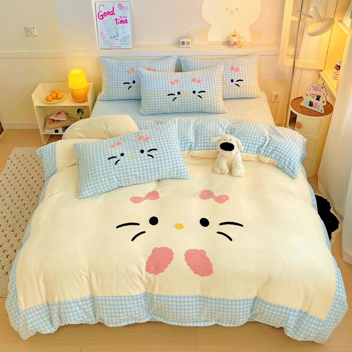 富米莱（原臻工厂） 2025新款爆款拼角毛巾绣牛奶绒四件套 绒猫咪蓝格