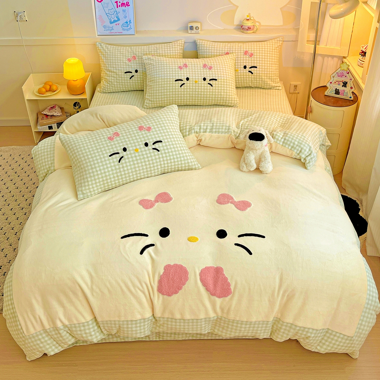 富米莱（原臻工厂） 2025新款爆款拼角毛巾绣牛奶绒四件套 绒猫咪绿格