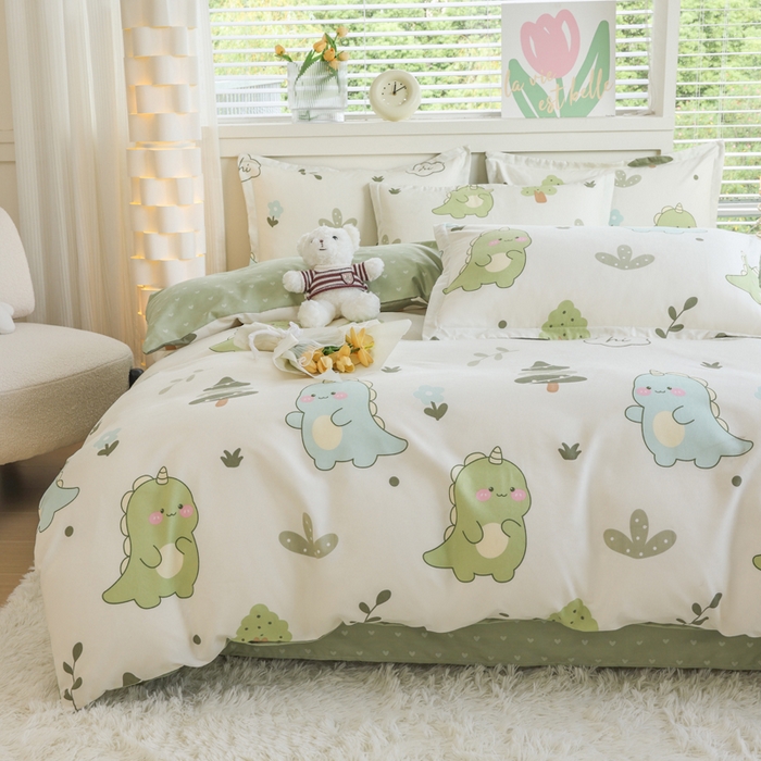 91家纺网 家纺一手货源 找家纺 优纤家纺 2025新款120克磨毛斜纹卡通花卉印花植物羊绒四件套 恐龙告白