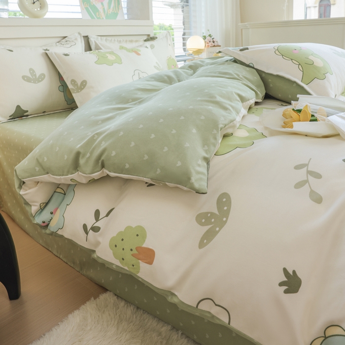 91家纺网 家纺一手货源 找家纺 优纤家纺 2025新款120克磨毛斜纹卡通花卉印花植物羊绒四件套 恐龙告白