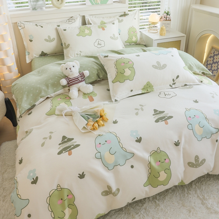 91家纺网 家纺一手货源 找家纺 优纤家纺 2025新款120克磨毛斜纹卡通花卉印花植物羊绒四件套 恐龙告白