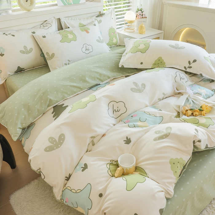 91家纺网 家纺一手货源 找家纺 优纤家纺 2025新款120克磨毛斜纹卡通花卉印花植物羊绒四件套 恐龙告白