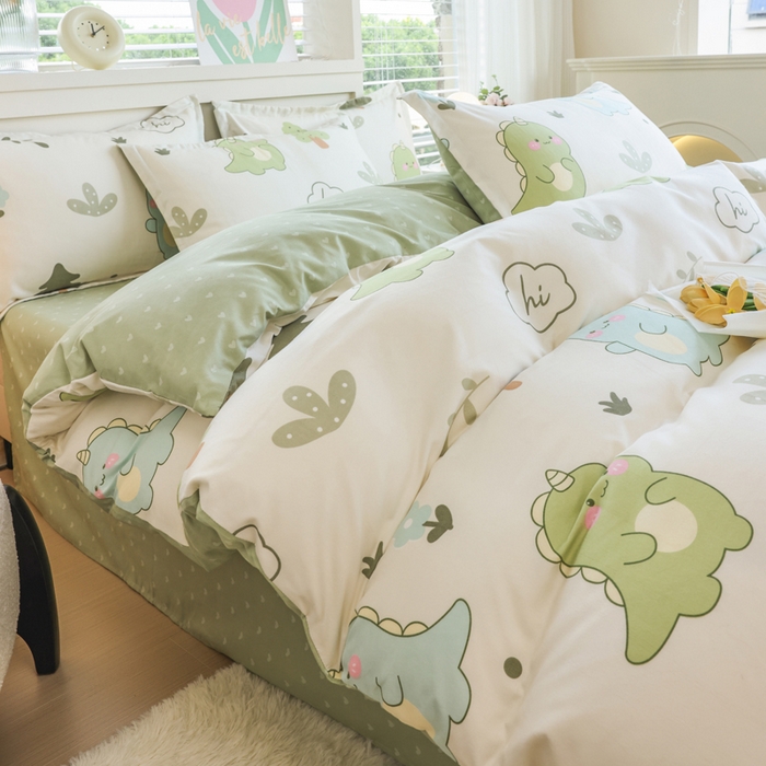 91家纺网 家纺一手货源 找家纺 优纤家纺 2025新款120克磨毛斜纹卡通花卉印花植物羊绒四件套 恐龙告白