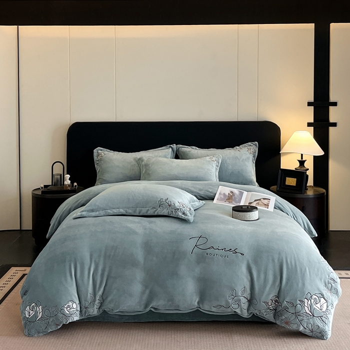 金牛座家纺 2025新款加厚牛奶绒轻奢刺绣四件套-若兰 若兰-浅灰