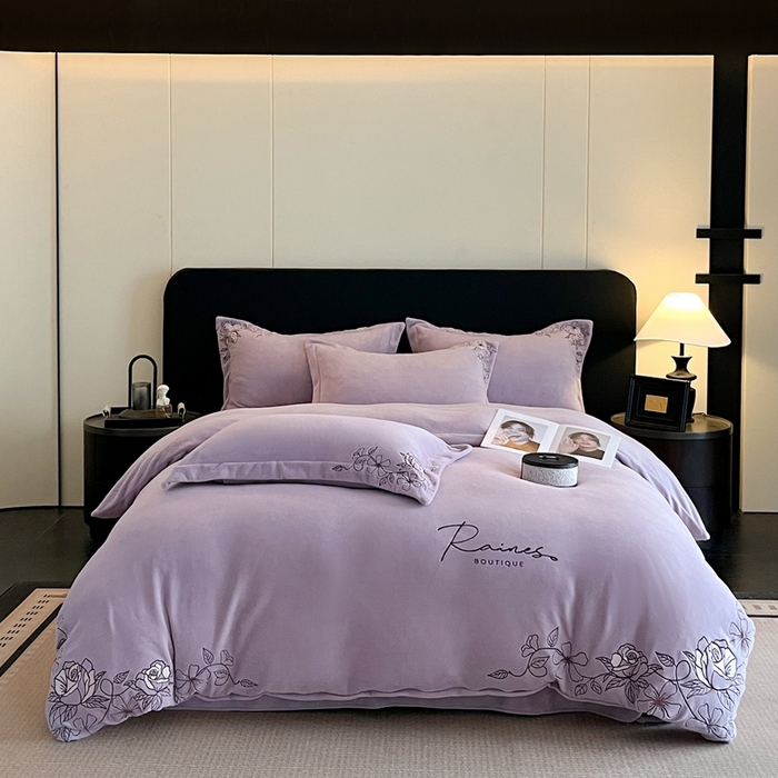 金牛座家纺 2025新款加厚牛奶绒轻奢刺绣四件套-若兰 若兰-浅紫