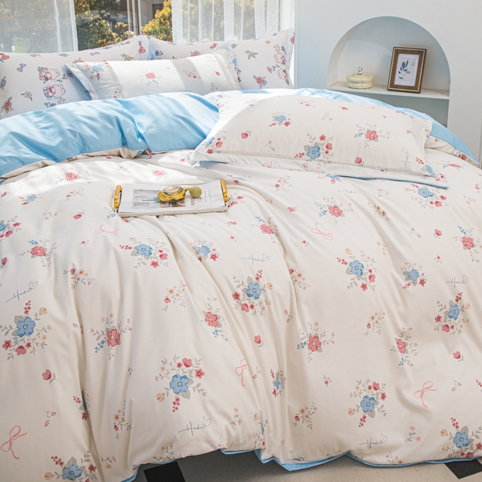 91家纺网 家纺一手货源 找家纺 优纤家纺 2025新款120克磨毛斜纹卡通花卉印花植物羊绒四件套 小清新