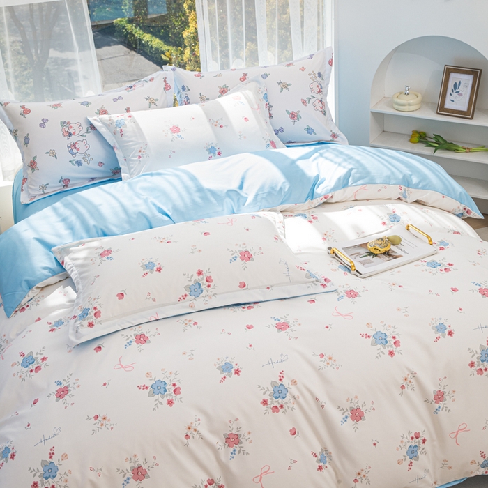 91家纺网 家纺一手货源 找家纺 优纤家纺 2025新款120克磨毛斜纹卡通花卉印花植物羊绒四件套 小清新