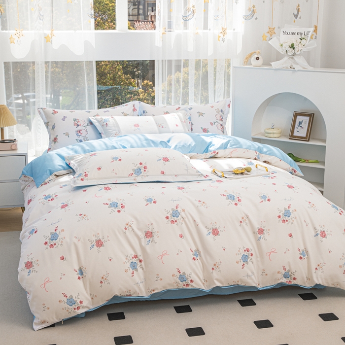 91家纺网 家纺一手货源 找家纺 优纤家纺 2025新款120克磨毛斜纹卡通花卉印花植物羊绒四件套 小清新