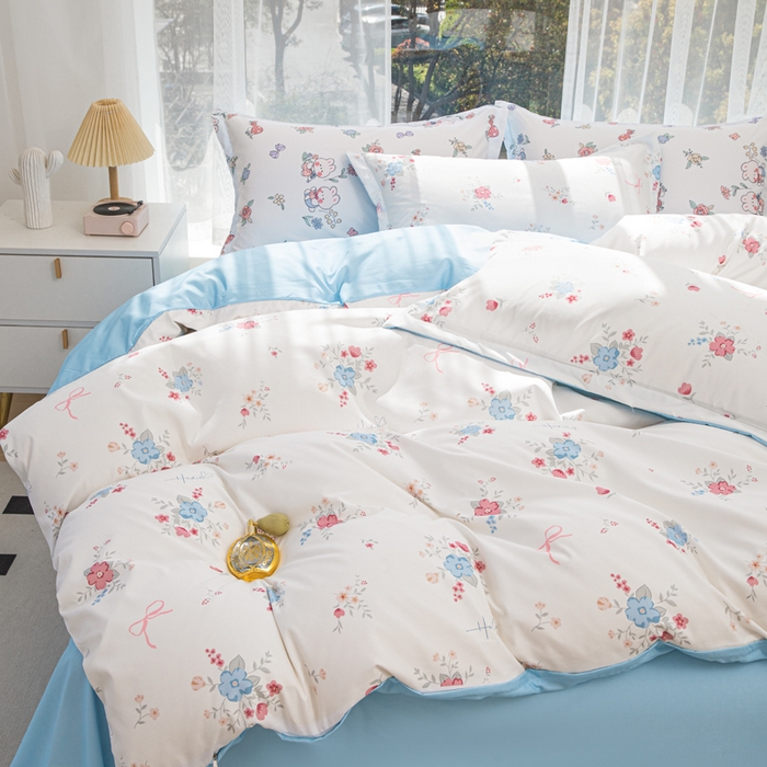 91家纺网 家纺一手货源 找家纺 优纤家纺 2025新款120克磨毛斜纹卡通花卉印花植物羊绒四件套 小清新