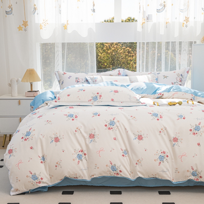 91家纺网 家纺一手货源 找家纺 优纤家纺 2025新款120克磨毛斜纹卡通花卉印花植物羊绒四件套 小清新