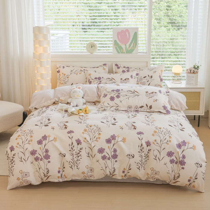 91家纺网 家纺一手货源 找家纺 优纤家纺 2025新款120克磨毛斜纹卡通花卉印花植物羊绒四件套 千寻花语