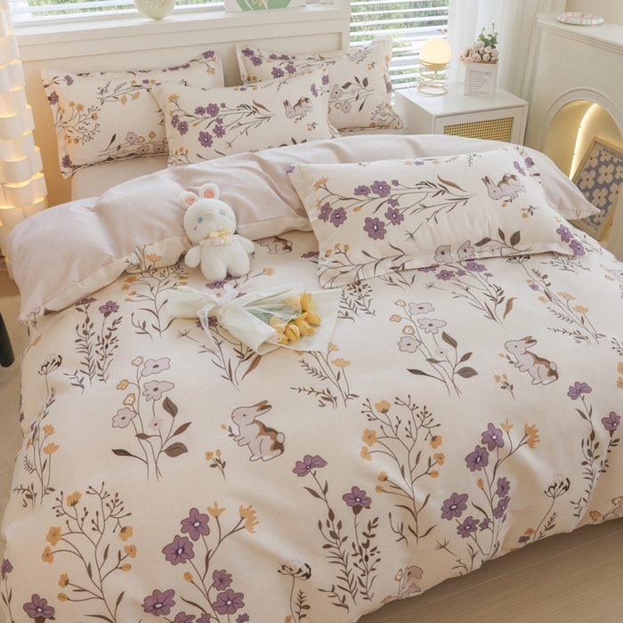 91家纺网 家纺一手货源 找家纺 优纤家纺 2025新款120克磨毛斜纹卡通花卉印花植物羊绒四件套 千寻花语