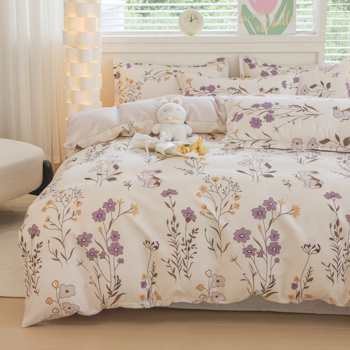 91家纺网 家纺一手货源 找家纺 优纤家纺 2025新款120克磨毛斜纹卡通花卉印花植物羊绒四件套 千寻花语