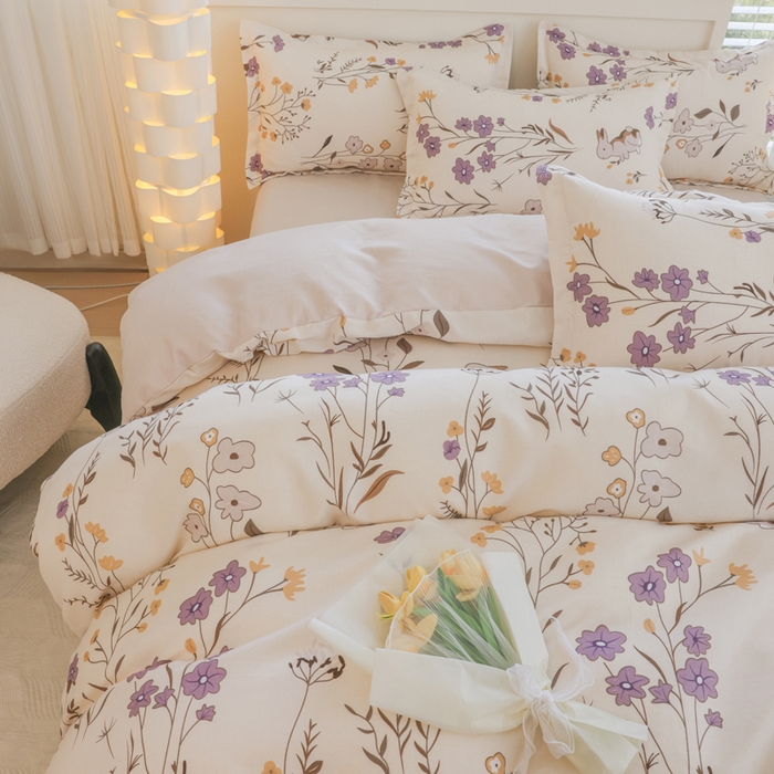 91家纺网 家纺一手货源 找家纺 优纤家纺 2025新款120克磨毛斜纹卡通花卉印花植物羊绒四件套 千寻花语